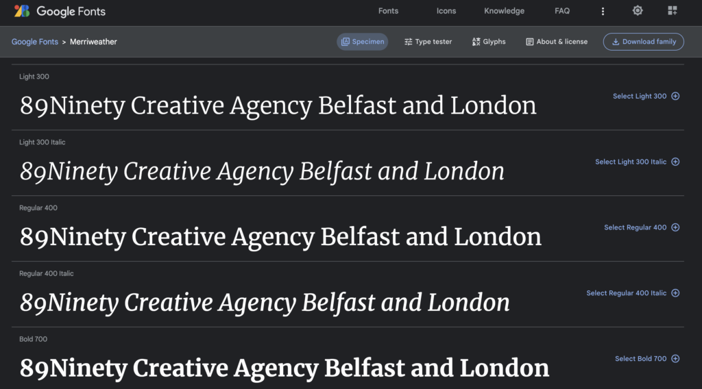Merriweather - 23 Best Google Fonts in 2023 for Branding and Web (Plus How to Use Them) - 89Ninety Creative Agency Belfast and London