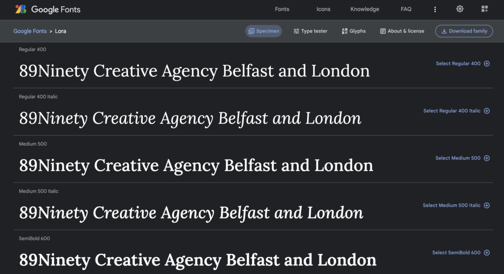 Lora - 23 Best Google Fonts in 2023 for Branding and Web (Plus How to Use Them) - 89Ninety Creative Agency Belfast and London