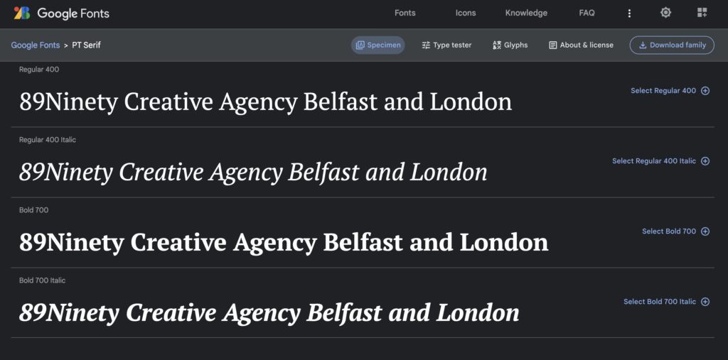 PT Serif - 23 Best Google Fonts in 2023 for Branding and Web (Plus How to Use Them) - 89Ninety Creative Agency Belfast and London